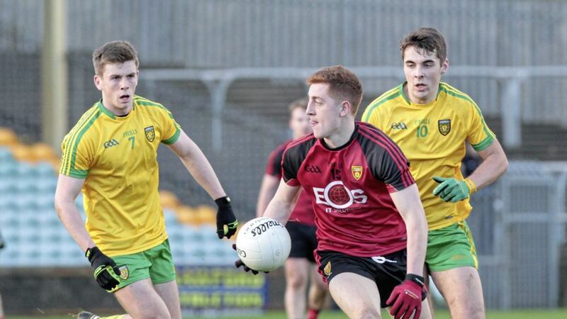 Sean Dornan in action against Donegal in the McKenna Cup last year. The Castlewellan clubman could feature against QUB tomorrow 