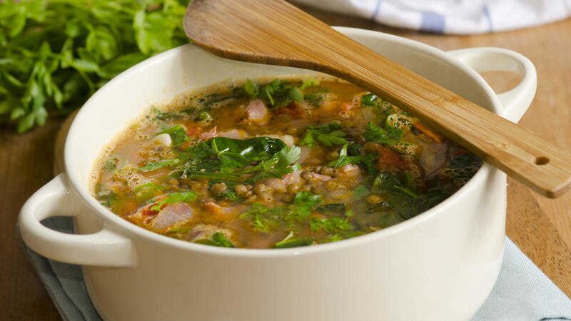 Puy lentil, bacon and spinach soup 