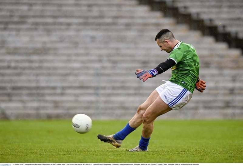 Raymond Galligan kicks his side&#39;s winning point, a free in extra-time, during the Ulster Championship preliminary round match between Monaghan and Cavan at St Tiernach&#39;s Park in Clones. Photo by Stephen McCarthy/Sportsfile. 