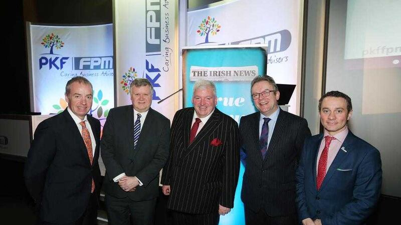 Panellists at the PKF-FPM post-budget business breakfast in Newry. From left - Paddy Harty (PKF-FPM director), Gary McDonald (Irish News business editor, who chaired the event), Feargal McCormack (PKF-FPM managing director), Brian Keegan (director of taxation for Chartered Accountants Ireland) and Malachy McLernon (PKF-FPM director). Photos: Kelvin Boyes / Press Eye 