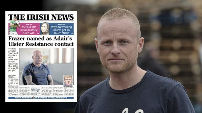 Loyalist blogger Jamie Bryson, and inset, how The Irish News reported on the BBC Spotlight programme 