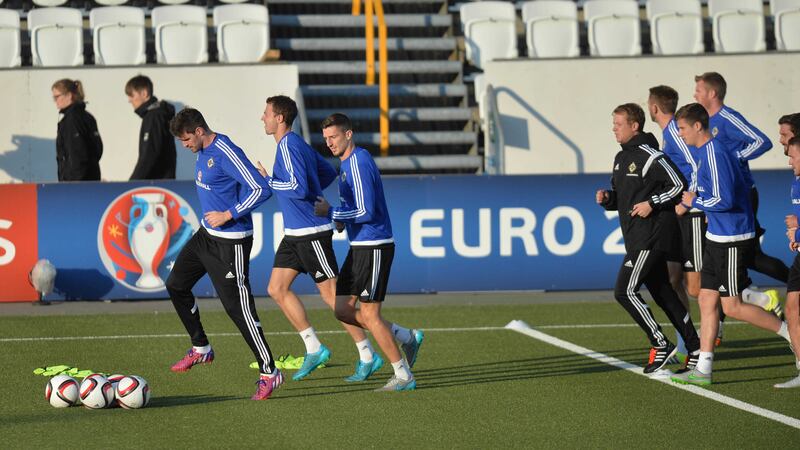 The Northern Ireland squad during training at the Torsvollur Stadium in Torshavn on Thursday<br/>Picture: Pacemaker&nbsp;