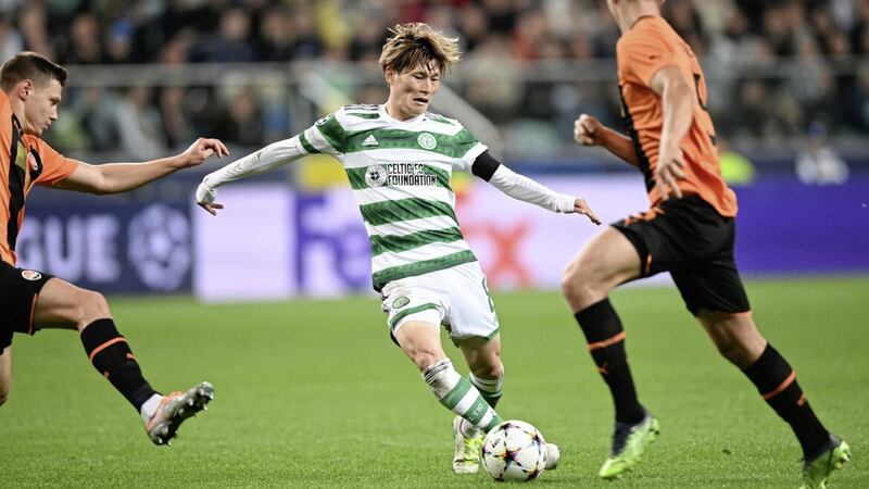 Celtic&#39;s Kyogo Furuhashi in action during yesterday&#39;s Champions League draw with Shakhtar Donetsk in Warsaw. Picture by PA 