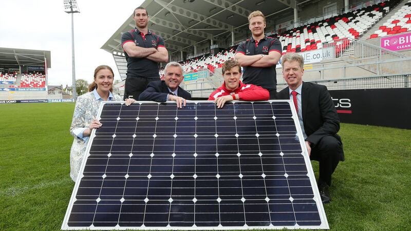 Minister Bell and Ulster rugby stars Ricky Andrew, Andrew Trimble and Stuart Olding with Louise Foody from Kingspan Insulated Panels and ESB&#39;s Paddy Hayes 