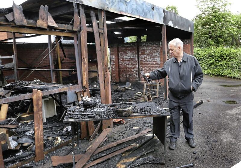 Fr Paddy O&#39;Kane surveys the damage at Holy Family Church in Derry city on Friday night.Picture by Margaret McLaughlin 
