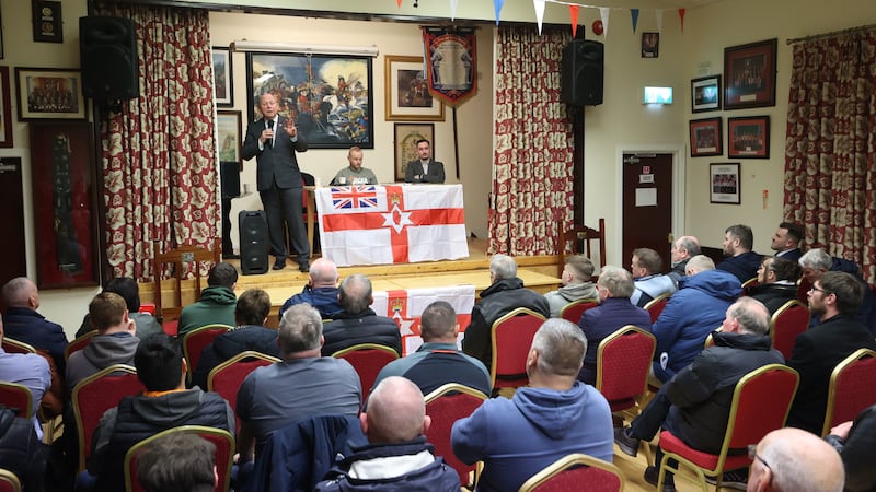 (Left to right) TUV leader Jim Allister MLA, Jamie Bryson and Darrin Foster at Thursday's public meeting at Moygashel Orange Hall. PICTURE: LIAM MCBURNEY/PA