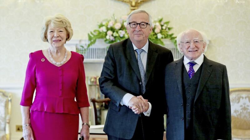 European Commission president Jean-Claude Juncker with President Michael D Higgins and Sabina Higgins at &Aacute;ras an Uachtar&aacute;in Picture by Tony Maxwell/PA 