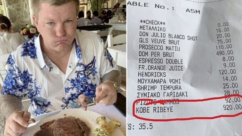 MEDIUM RARE OUL&rsquo; TIMES Ricky Hatton road-tests the standard restaurant bill of the future by tucking into an &pound;820 steak in a Greek restaurant while on holiday recently with his girlfriend 