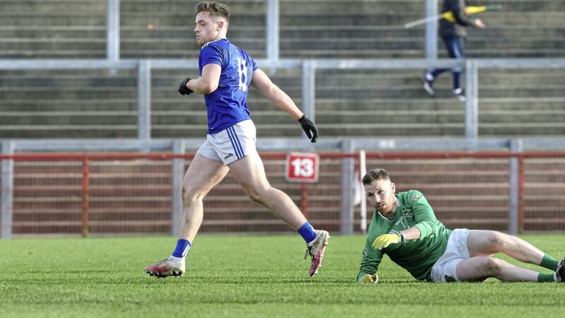 Galbally Liam Rafferty wheels away after scoring against Glenullin keeper Niall O&#39;Kane during the Ulster Intermediate Club Football Championship quarter-final at Celtic Park Picture: Margaret McLaughlin. 