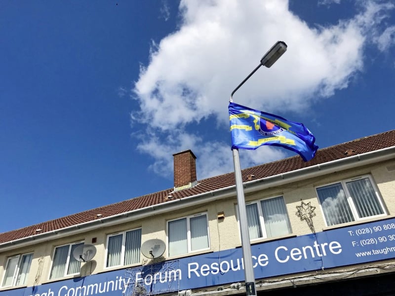 A UDA flag flying outside Taughmonagh Community Forum Resource Centre 