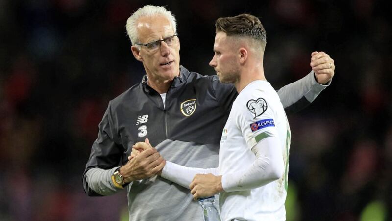 Republic of Ireland manager Mick McCarthy and Alan Browne at the end of the match during the UEFA Euro 2020 Qualifying match at the Stade de Geneve, Geneva 