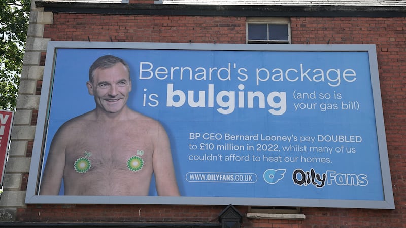 The billboards have replaced an OnlyFans model selling her page with a depiction of BP’s CEO Bernard Looney (Global Witness/PA)