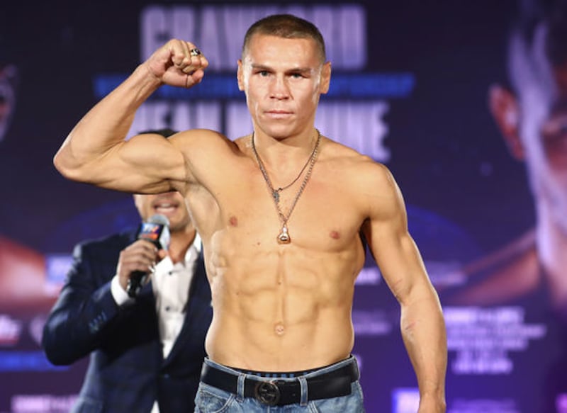 Russia&rsquo;s Vladimir Nikitin in confident mood at the weigh-ins in New York yesterday. Picture by Mikey Williams / Top Rank
