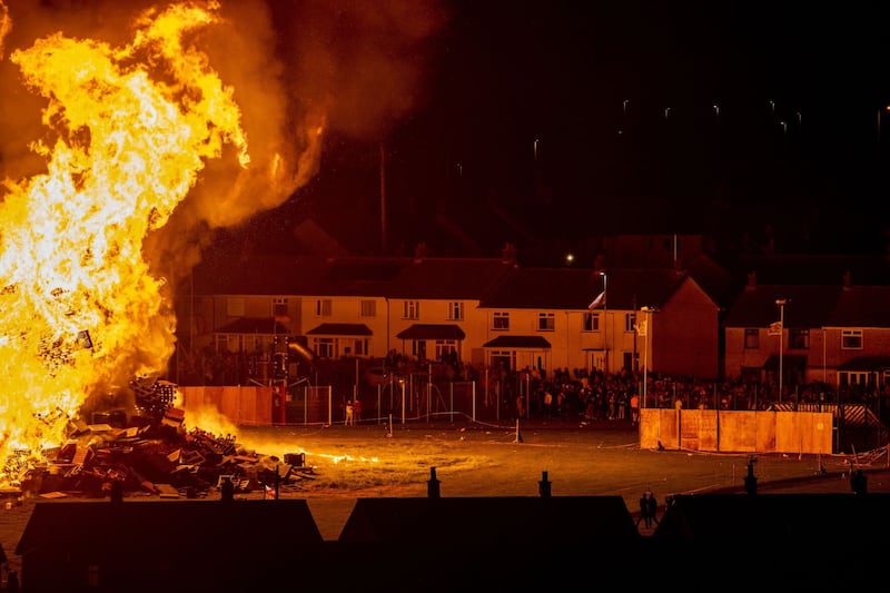 Craigyhill loyalist bonfire in Larne, Co Antrim, on the "Eleventh night"