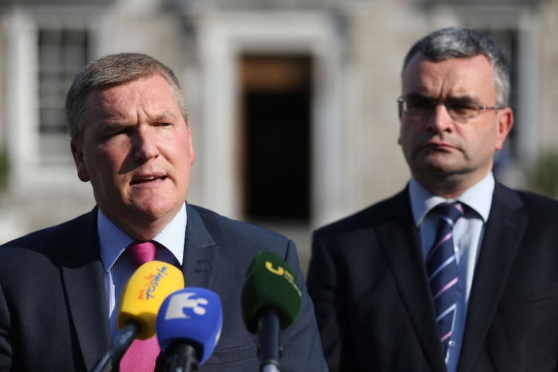 Fianna F&aacute;il&#39;s Michael McGrath (left) and Dara Calleary, speak in response to the Nama report. Picture by Brian Lawless, Press Association 