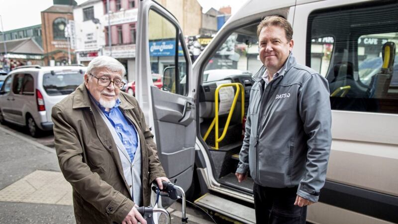 Hilary Connolly (82) with bus driver Terry Russell. Picture by Liam McBurney/PA 