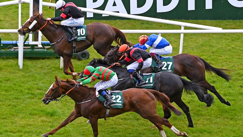 Lattam (bottom, green and red silks) won the Paddy Power Irish Lincolnshire at the Curragh in March 25. Picture by PA
