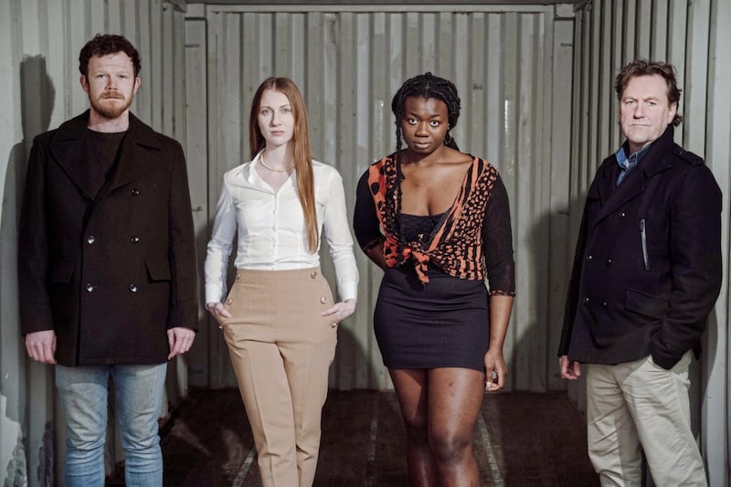 Seamus O’Hara, Louise Parker, Lizzy Akinbami and James Doran who will perform in the new Kabosh production, Silent Trade, written by Rosemary Jenkinson and directed by Paula McFetridge. The play premieres at the Lyric Theatre on February 22. Picture by Johnny Frazer