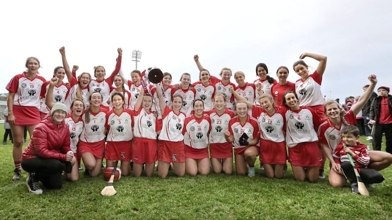 Loughgiel celebrate with the cup after beating Slaughtneil during the Ulster Senior Camogie Club Championship Final at Pairc Esler, Newry on Saturday 19th November 2022. Picture Margaret McLaughlin. 
