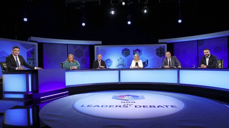 Jeffrey Donaldson, Naomi Long,&nbsp;Michelle O&rsquo;Neill,&nbsp;Doug Beattie and Colum Eastwood pictured with BBC Northern Ireland&rsquo;s Jim Fitzpatrick for&nbsp;BBC Election Northern Ireland 2022 -&nbsp;The Leaders&rsquo; Debate. Picture by William Cherry/Presseye 