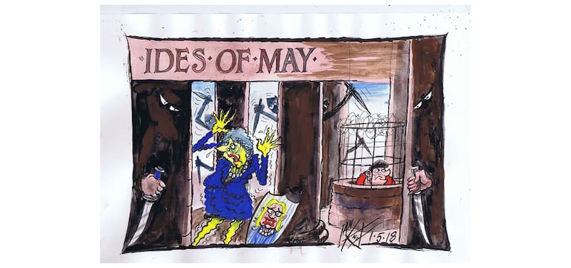&nbsp;Amber Rudd, Theresa's shield and fall girl finally has to resign over the Windrush debacle. Arlene who shows no sign of resigning over RHI, snipes at Barnier from her bunker. Cartoon by Ian Knox