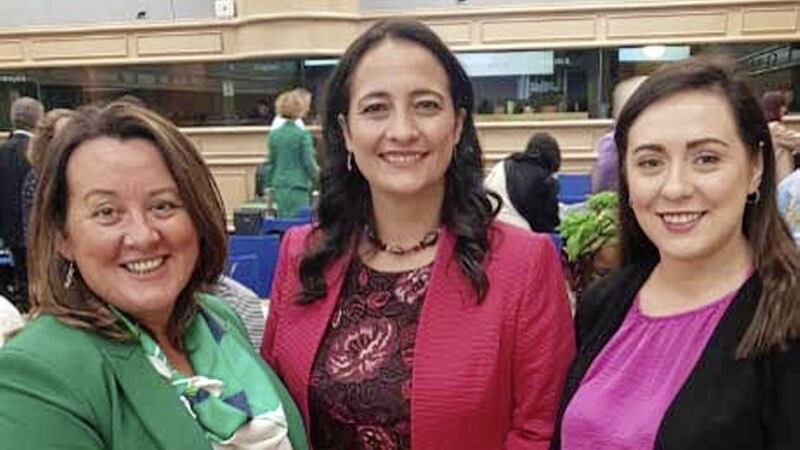DUP MLA Paula Bradley with deputy leader of the Republic&#39;s Green Party Catherine Martin and Sinn F&eacute;in MLA Megan Fearon 