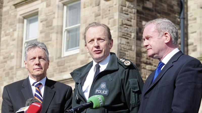 Then First Minister Peter Robinson and Deputy First Minister Martin McGuinness joined Chief Constable Sir Hugh Orde at a press conference at Stormont Castle the day after Stephen Carroll&#39;s murder 