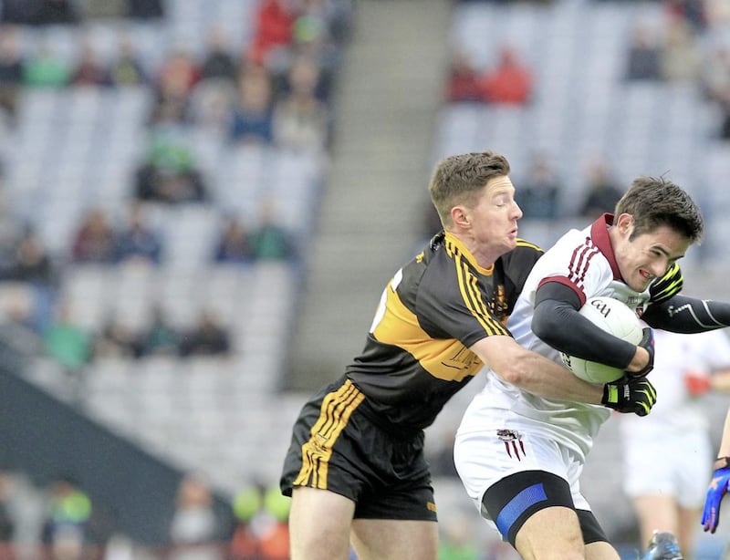 Chrissy McKaigue goes toe-to-toe with Kieran O&#39;Leary of Dr Croke&#39;s during the All-Ireland Club SFC final at Croke Park on St Patrick&#39;s Day. Picture by Margaret McLaughlin 
