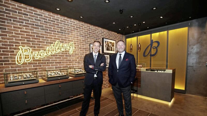 Pictured at the opening of the Breitling store are its UK managing director Gavin Murphy with John Lunn, managing director at Lunn&rsquo;s the Jewellers. Picture: Declan Roughan 