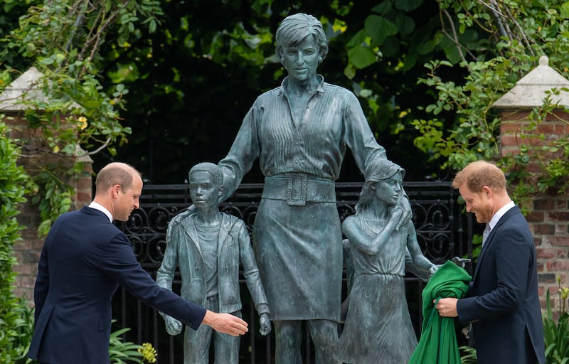 William and Harry with a statue of their mother