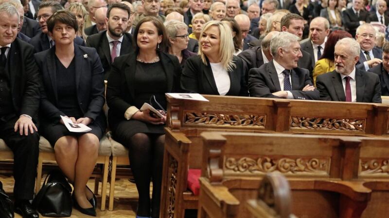DUP leader Arlene Foster and Sinn F&eacute;in president Mary Lou McDonald embraced the substance of Fr Martin Magill&#39;s intervention at the funeral of Lyra McKee. Picture by Brian Lawless/PA Wire 