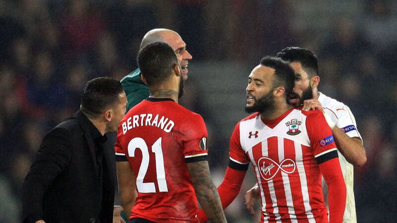 Southampton's Nathan Redmond has words with Hapoel Be'er Sheva manager Barak Bakhar during Thursday's Uefa Europa League Group K match at St Mary's<br />Picture by PA&nbsp;