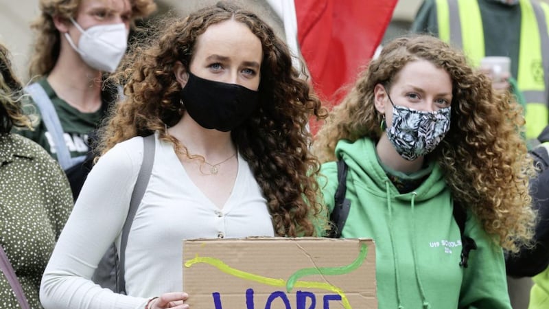 Global climate strike protesters at Cornmarket in Belfast city centre. Picture by Hugh Russell 