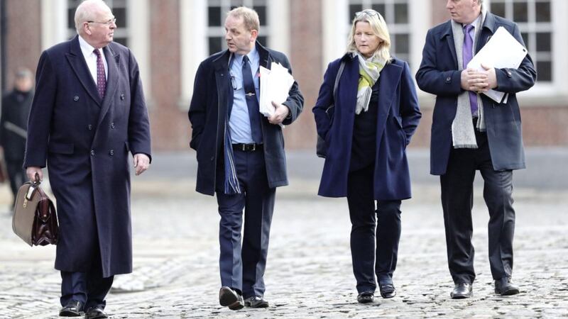 From left, Senior Counsel Michael McDowell, Garda Sergeant Maurice McCabe, his wife Lorraine and solicitor Sean Costello arrive to give evidence at the Disclosures Tribunal in Dublin Castle yesterday. Picture by Niall Carson, Press Association 
