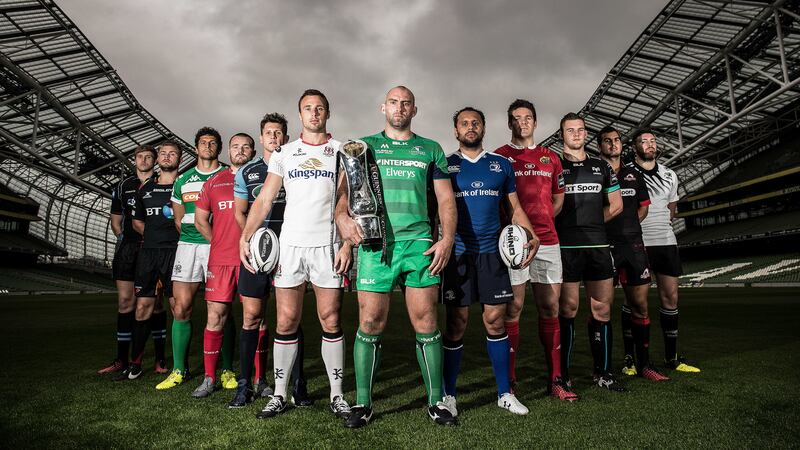 Pictured at Tuesday's launch of the Guinness PRO12 season are Jonny Gray (Glasgow Warriors), Lewis Evans (Newport Gwent Dragons), Alessandro Zanni (Benetton Treviso), Ken Owens (Scarlets), Lloyd Williams (Cardiff Blues), Tommy Bowe (Ulster), John Muldoon (Connacht), Isa Nacewa (Leinster), Billy Holland (Munster), Dan Lydiate (Ospreys), Stuart McInally (Edinburgh) and George Biagi (Zebre)<br />Picture by INPHO&nbsp;