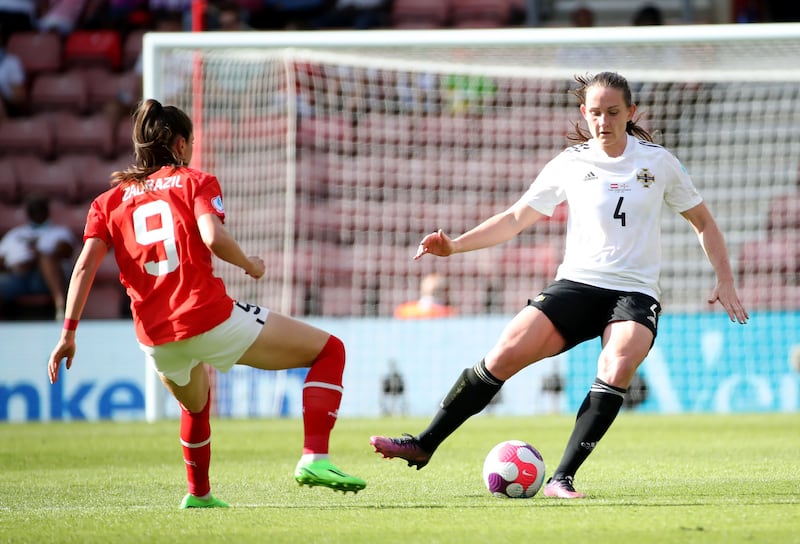 Sarah McFadden (right) in action for Northern Ireland against Norway at the Euros in England.