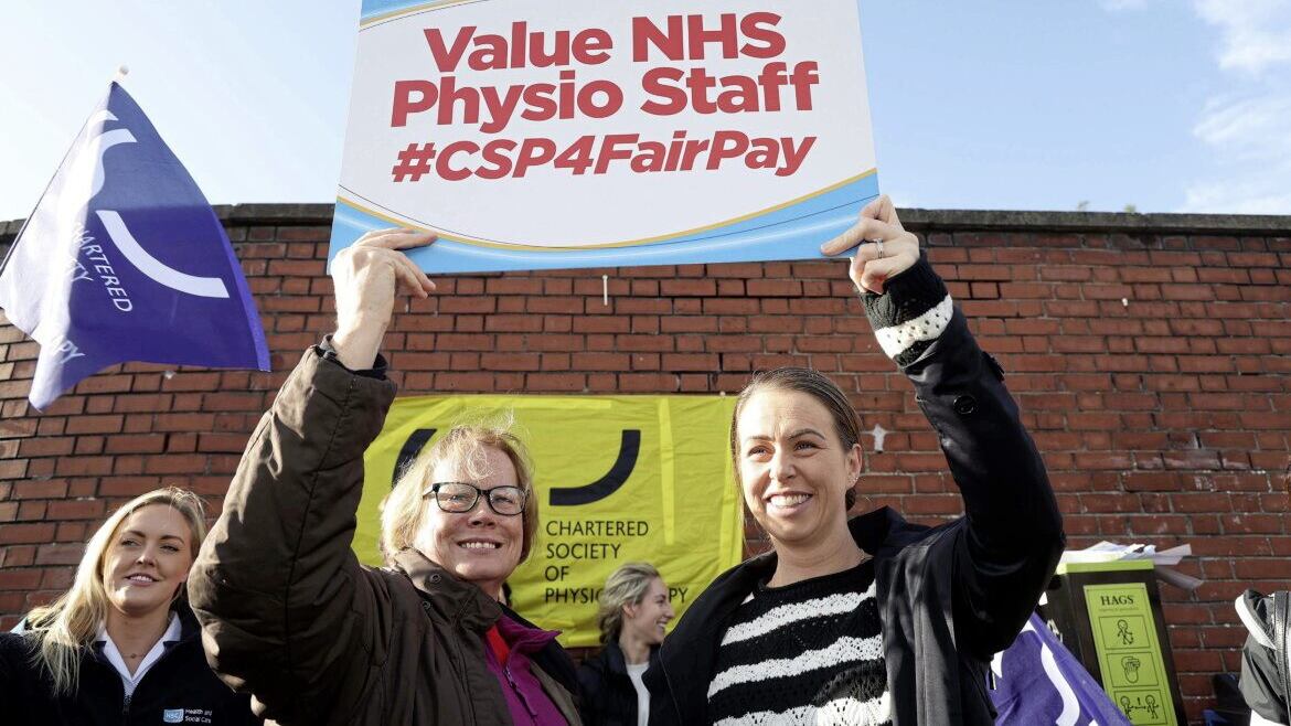 Physiotherapy staff join the picket line at the Royal Victoria Hospital in Belfast as thousands of health and social care workers take part in a 48-hour strike over pay. Picture by Mal McCann 