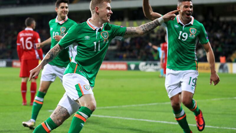 James McClean celebrates with Jon Walters after scoring in last Sunday's Fifa World Cup qualifier against Moldova at the Zimbru Stadium, Chisinau<br />Picture by AP&nbsp;