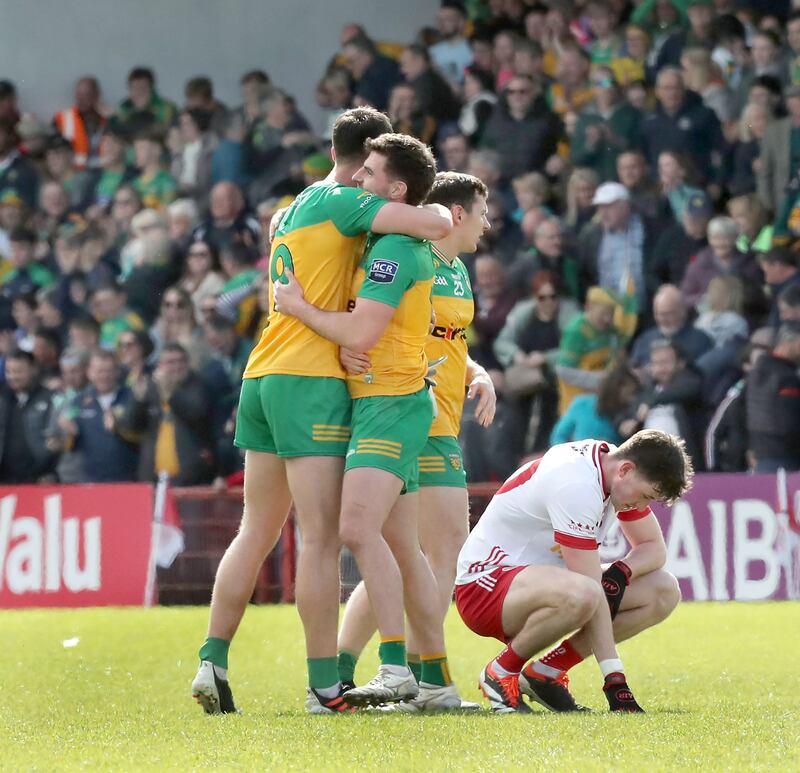 The Donegal players celebrate after Sunday's Ulster semi-final victory over Tyrone at Celtic Park. Picture by Margaret McLaughlin