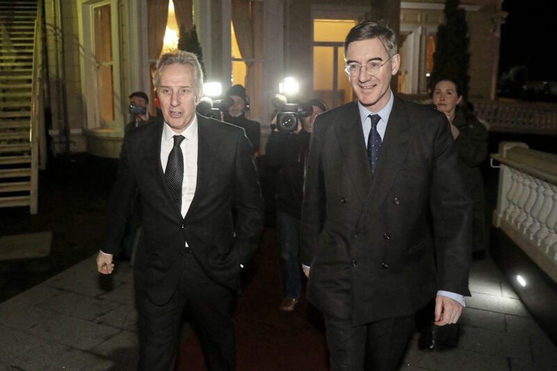 DUP Fundraiser, Ballymena - Jacob Rees Mogg - 31st January 2019..Ian Paisley greets Jacob Rees Mogg as he arrives for the DUP fundraiser at the Tullyglass hotel in Ballymena...Photograph by Declan Roughan. 