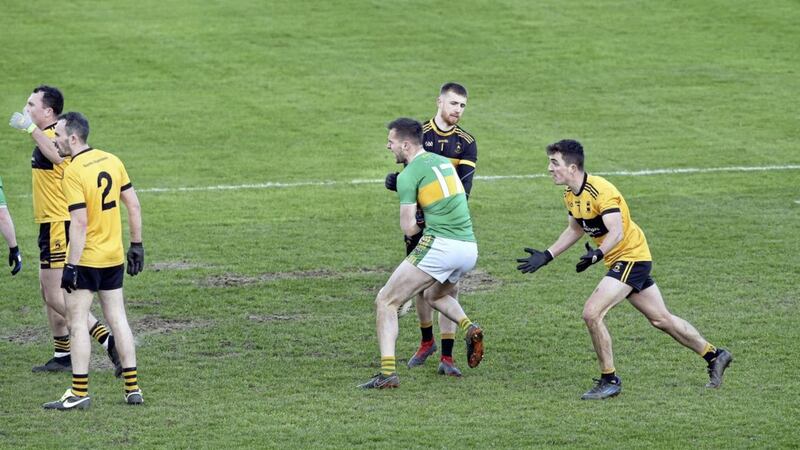 St Eunan&#39;s goalkeeper Shaun Patton and Glen&#39;s Stevie O&#39;Hara in the aftermath of the penalty incident at the end of yesterday&#39;s Ulster club SFC game. Patton ended up saving Conleith McGuckian&#39;s penalty. Picture by Margaret McLaughlin 