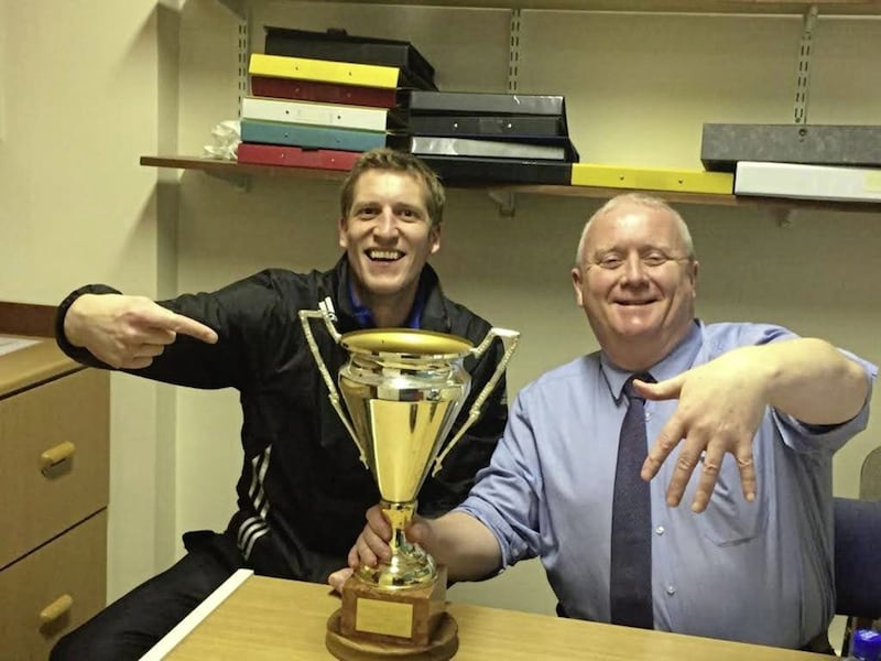 &nbsp;Dominic with David Dickson, teacher and soccer coach at Omagh CBS