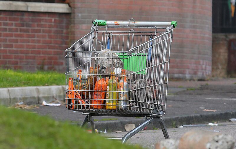Paint bombs and rocks gathered at the New Lodge bonfire in north Belfast&nbsp;