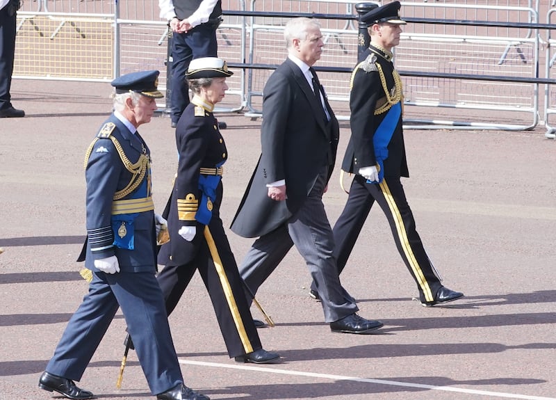 King Charles III, the Princess Royal, the Duke of York and the Earl of Wessex walking behind he coffin of Queen Elizabeth II during the ceremonial procession from Buckingham Palace to Westminster Hall, London, where it will lie in state ahead of her funeral on Monday