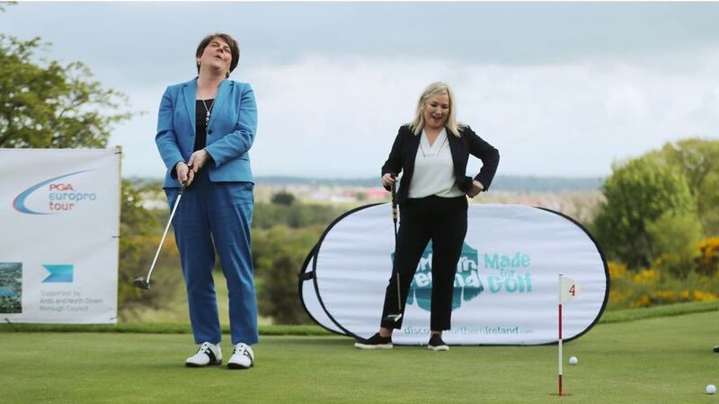 &nbsp;Northern Ireland First Minister Arlene Foster and Deputy First Minister Michelle O'Neill (right) at the launch of the PGA Europro Tour event at Clandeboye Golf Club near Bangor in Co Down. Picture date: Wednesday May 12, 2021.
