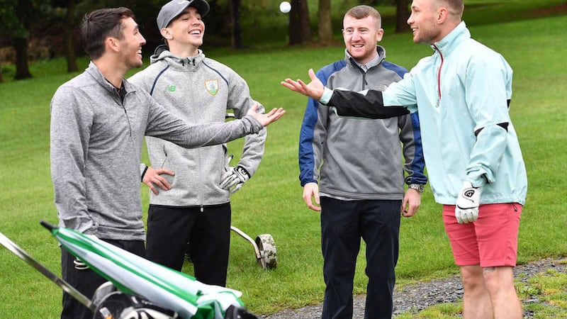 Michael Conlan (second from left) and Carl Frampton (right) could meet in a world title fight &quot;down the line&quot;. Also pictured are Jamie Conlan (left) and Paddy Barnes