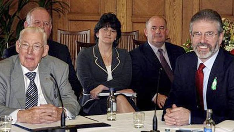 Ian Paisley and Gerry Adams on May 8, 2007 as power sharing is restored 