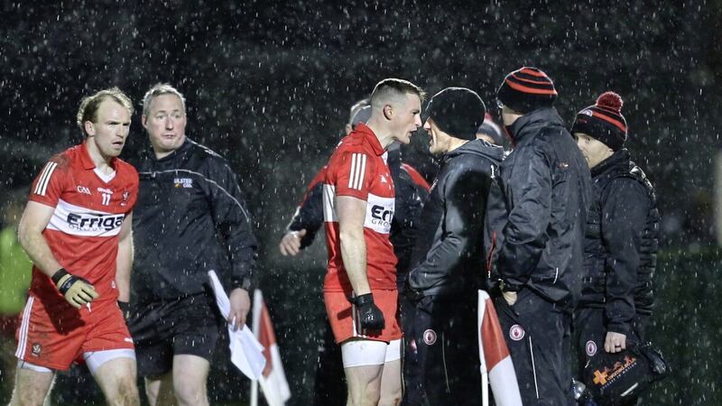 Brian Dooher has words with Derry&#39;s Gareth McKinless during the Dr McKenna Cup group game at Owenbeg. Picture Margaret McLaughlin. 
