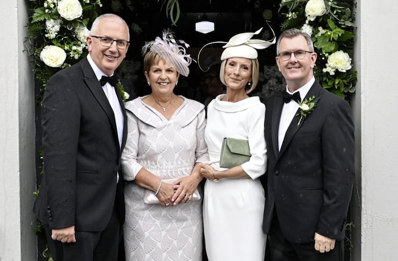 Laura, the daughter of incoming DUP leader Jeffrey Donaldson and Philip, the son of Ulster Unionist chair Danny Kennedy, got married today in Dromore, Co Down. Pictured are (L-R) Danny and Karen Kennedy and Eleanor and Jeffrey Donaldson. Picture by Colm Lenaghan/Pacemaker
