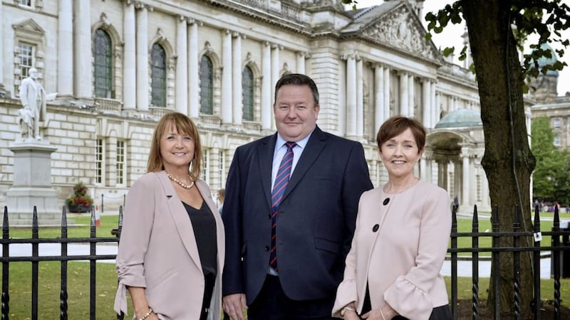 Ann McGregor, chief executive of NI Chamber; Brian Murphy, managing partner at BDO and Maureen O&rsquo;Reilly, economist for the QES present the latest NI Chamber/BDO Quarterly Economic Survey findings.  